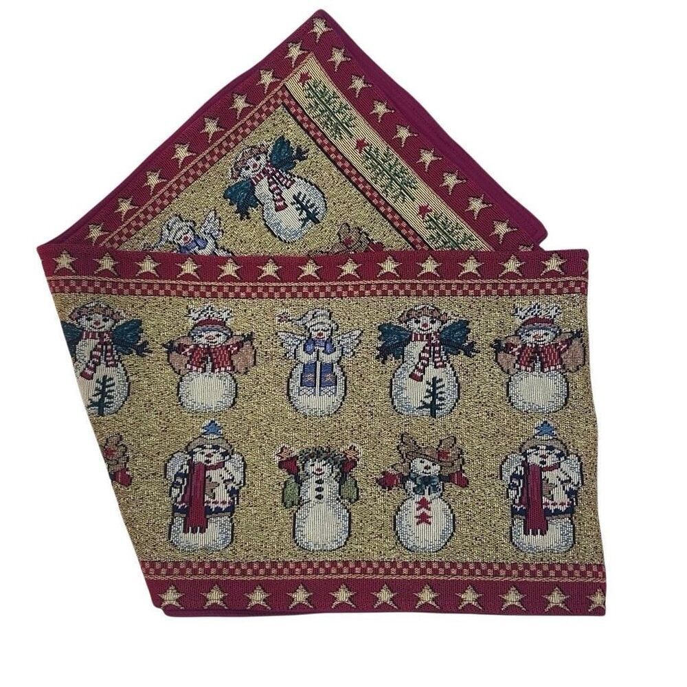 Vintage Christmas Tapestry Table Runner 72"x 13" Red Gold Snowman Angels Holiday